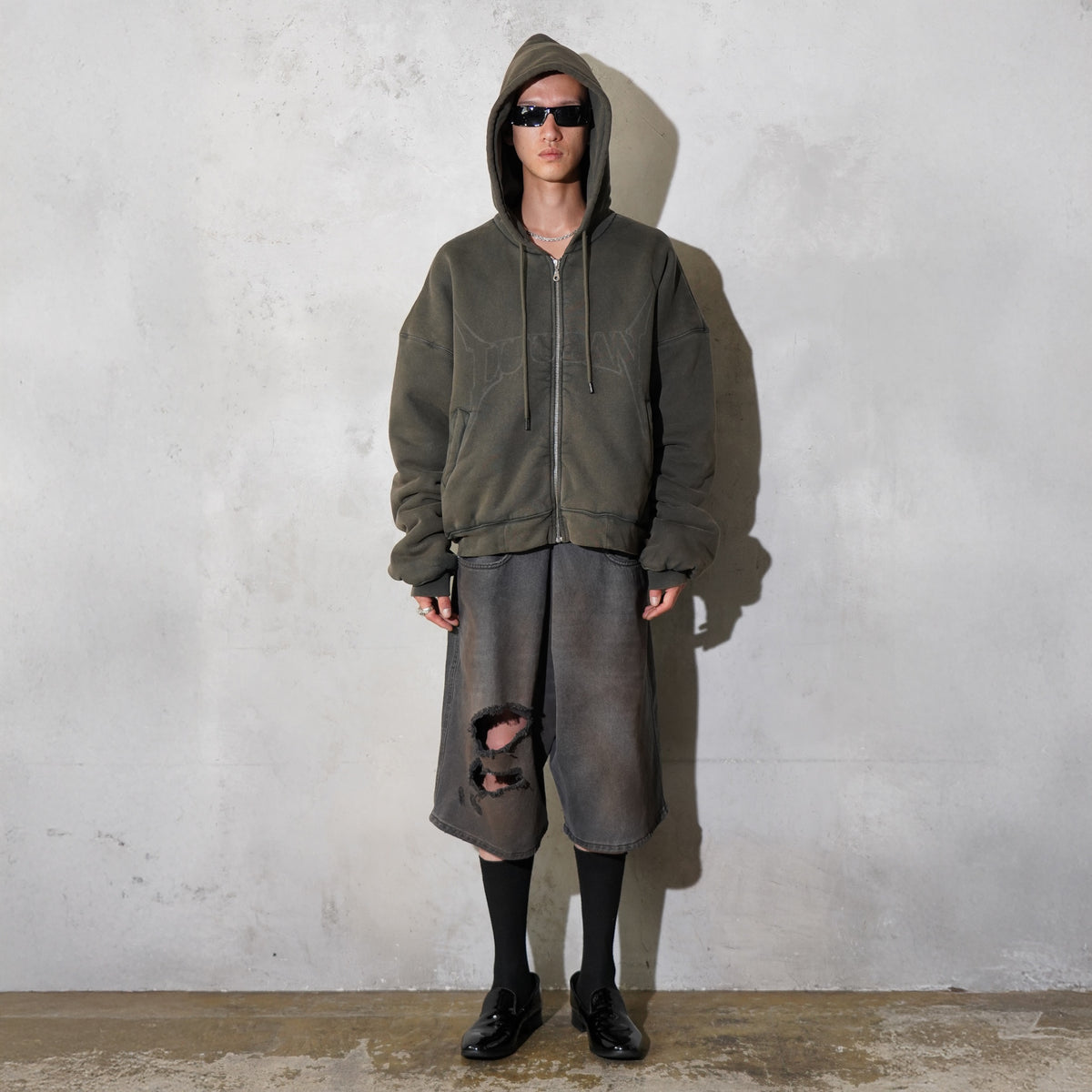 LU'U DAN / WASHED OUT ZIP UP HOODIE DARK FOG