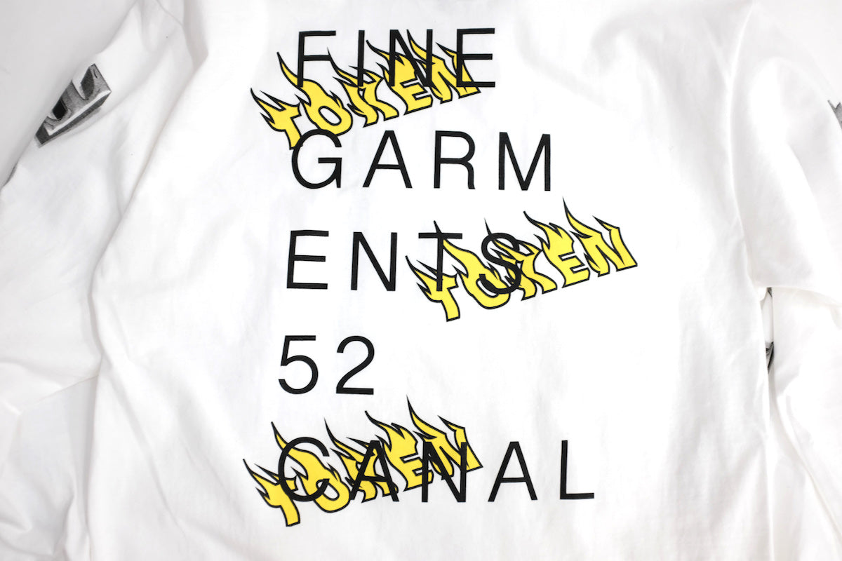 TOKEN / TOKEN TOKEN FINE GARMENTS LS T TOKENよりらしいロンTの入荷です。フロントに【FINE GARMENTS】。バックにはイエローフレイム【TOKEN】。さらには両袖にも【TOKEN】プリント。肌触りの良いボディを仕様。ちょっと細長めのシルエットでしょうか。Tシャツとのレイヤードも抜群です。バック画像。