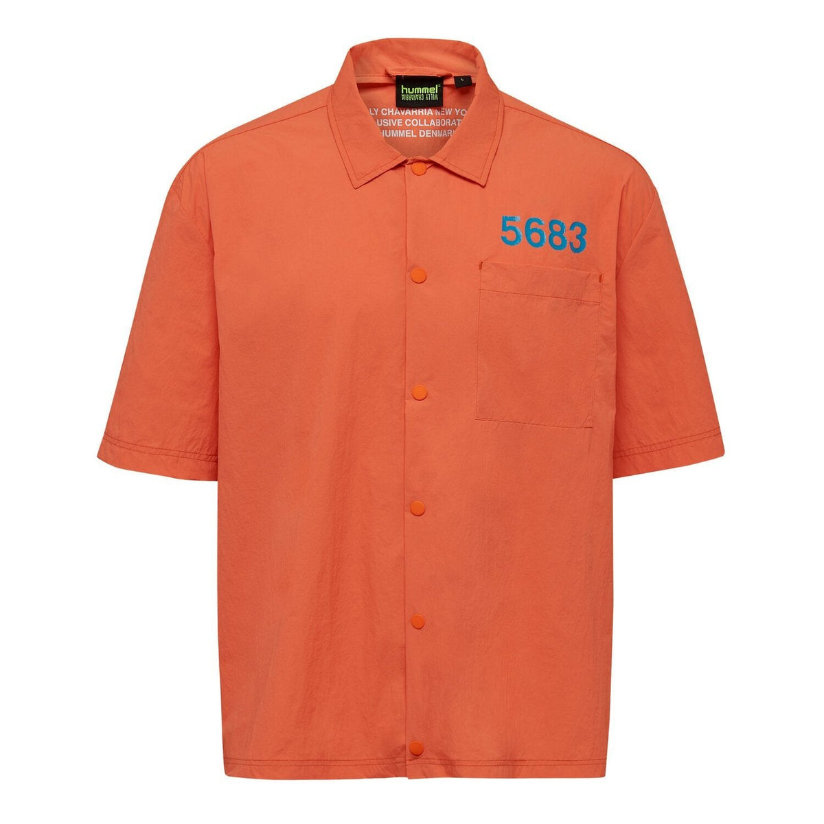 Willy Chavarria (ウィリーチャバリア) × hummel (ヒュンメル) HOME BOY SHIRT SHOCKING ORANGE 20SSコラボレーションアイテム。正面画像。