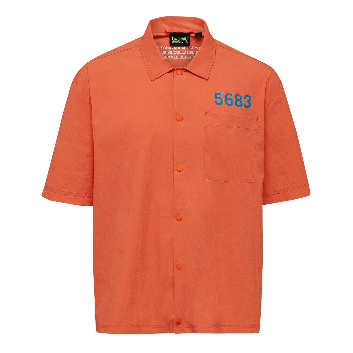 Willy Chavarria (ウィリーチャバリア) × hummel (ヒュンメル) HOME BOY SHIRT SHOCKING ORANGE 20SSコラボレーションアイテム。正面画像。