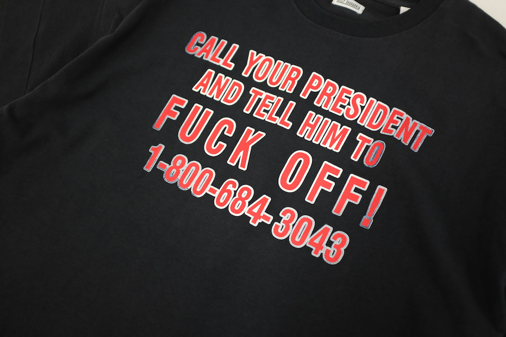 WILLY CHAVARRIA (ウィリーチャバリア) / DIRTY WHITE BOY PRESIDENT TEE 攻撃的で皮肉の効いたプリントが秀逸の1枚。電話番号記載です。バックプリントの「THANK YOU!」がさらに拍車をかけていいです。正面プリント画像。