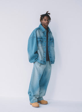 INTODUSK / SKEWED DENIM PANTS HARD WASH BLUE DENIM