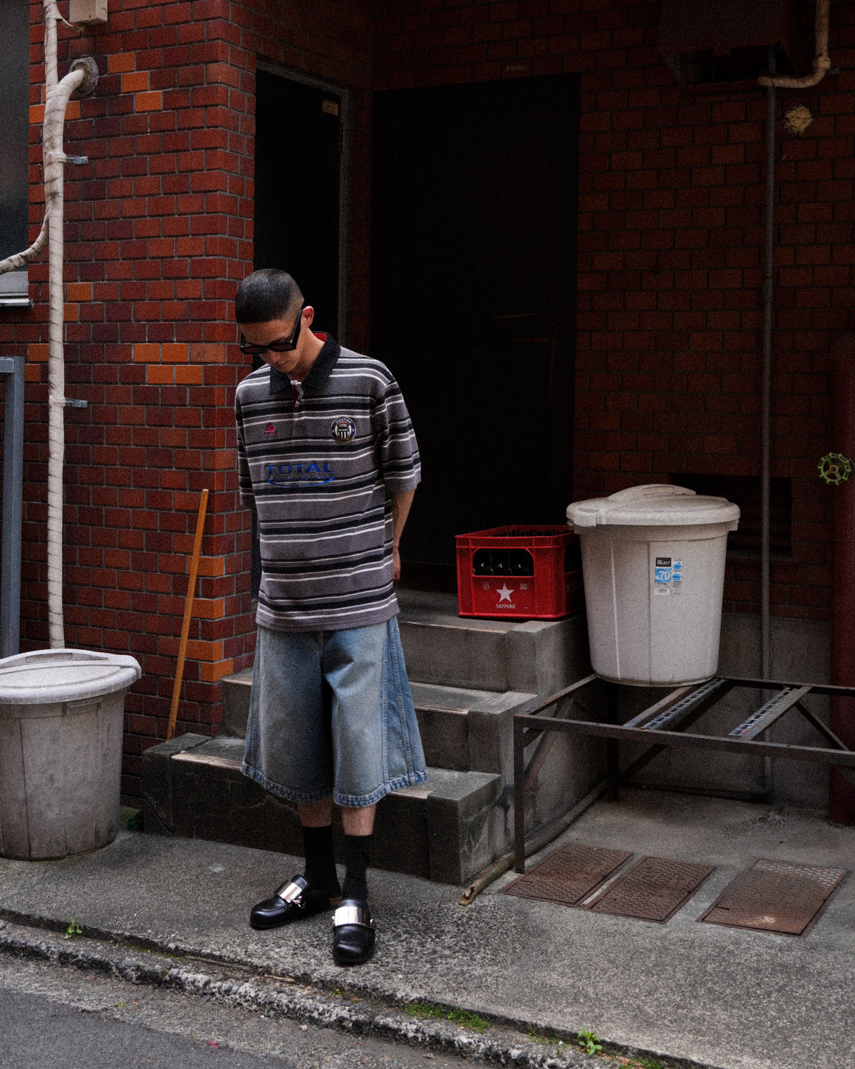 Martine Rose / OVERSIZED SS POLO GREY BLACK STRIPE