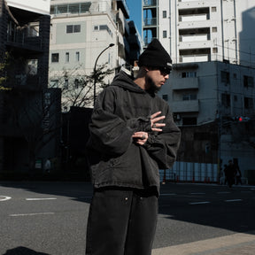 INTODUSK / COVER WOVEN HOODIE WASHED BLACK