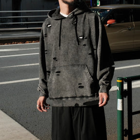 INTODUSK / CUT OUT HOODIE WASHED BLACK ORGANIC