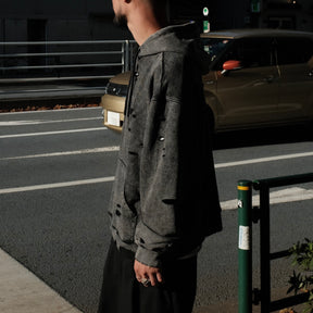 INTODUSK / CUT OUT HOODIE WASHED BLACK ORGANIC