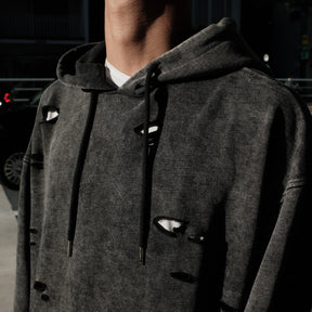 INTODUSK / CUT OUT HOODIE WASHED BLACK ORGANIC