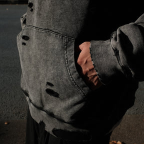 INTODUSK / CUT OUT HOODIE WASHED BLACK ORGANIC
