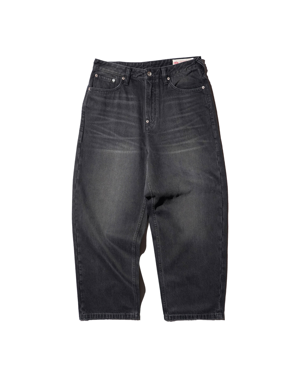 EVISU / HI, AIRBRUSHED DAICOCK DENIM JEANS - ZIP UP-BAGGY FIT MID TONE BLACK DENIM