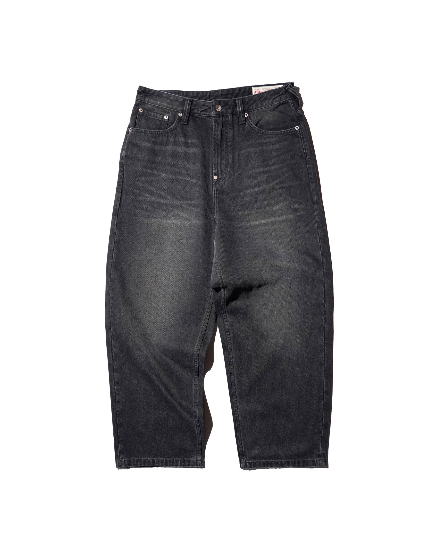 EVISU / HI, AIRBRUSHED DAICOCK DENIM JEANS - ZIP UP-BAGGY FIT MID TONE BLACK DENIM