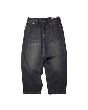 EVISU / HI, AIRBRUSHED DAICOCK DENIM JEANS - ZIP UP-BAGGY FIT MID TONE BLACK DENIM