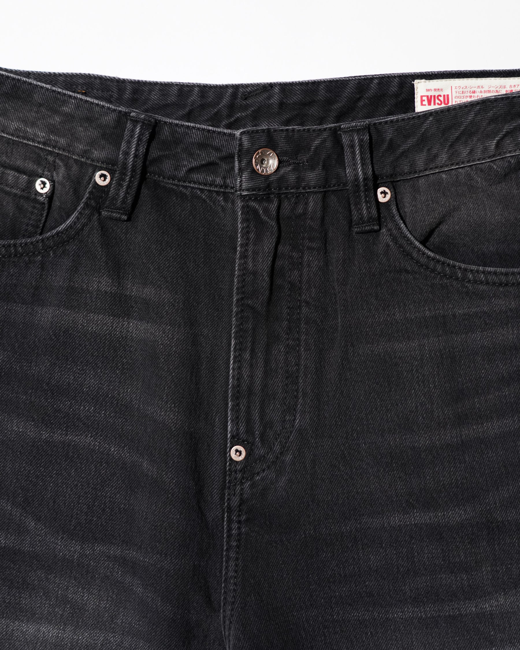 EVISU / HI, AIRBRUSHED DAICOCK DENIM JEANS - ZIP UP-BAGGY FIT MID TONE BLACK DENIM