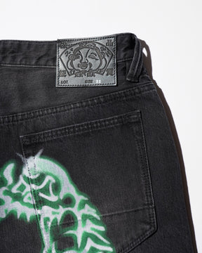 EVISU / HI, AIRBRUSHED DAICOCK DENIM JEANS - ZIP UP-BAGGY FIT MID TONE BLACK DENIM