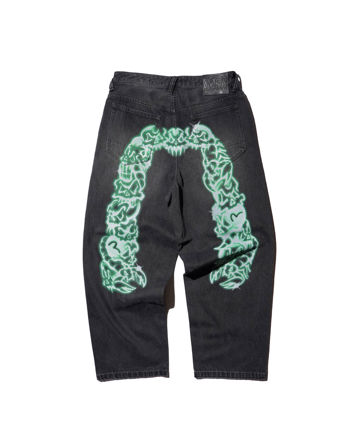 EVISU / HI, AIRBRUSHED DAICOCK DENIM JEANS - ZIP UP-BAGGY FIT MID TONE BLACK DENIM
