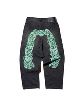 EVISU / HI, AIRBRUSHED DAICOCK DENIM JEANS - ZIP UP-BAGGY FIT MID TONE BLACK DENIM