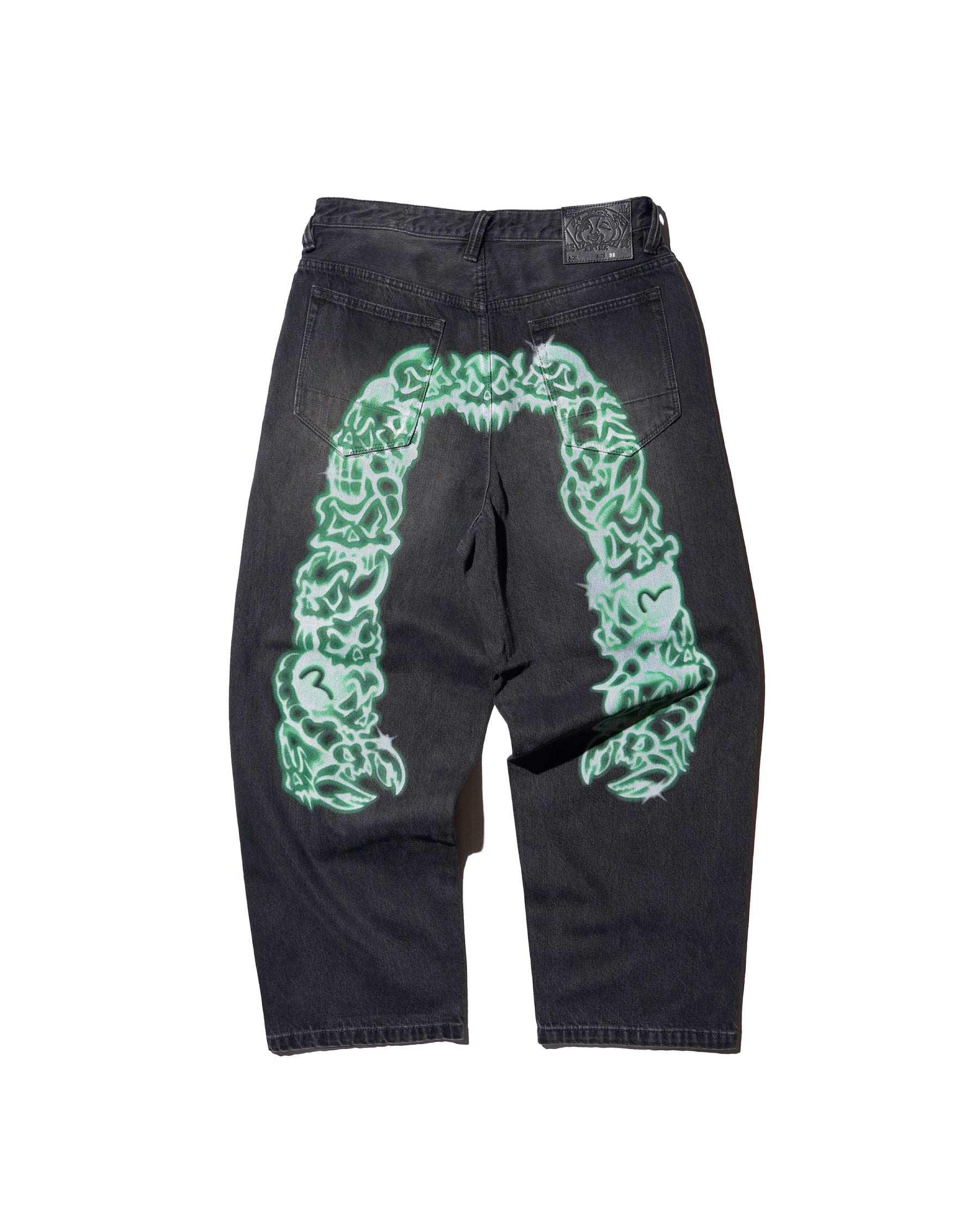 EVISU / HI, AIRBRUSHED DAICOCK DENIM JEANS - ZIP UP-BAGGY FIT MID TONE BLACK DENIM