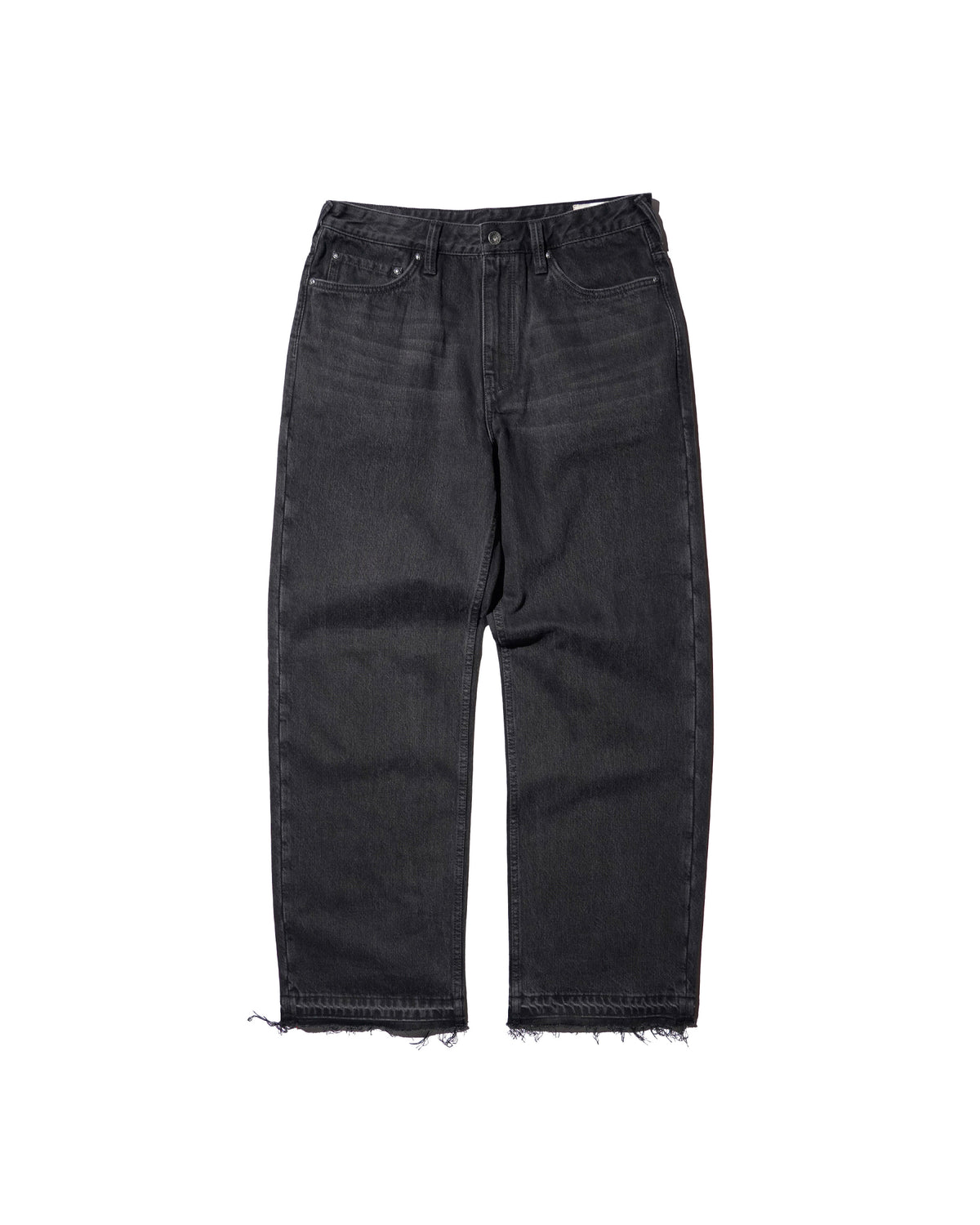 EVISU / LEATHER PATCHWORK DAICOCK DENIM JEANS - ZIP UP-LOOSE FIT MID TONE BLACK DENIM