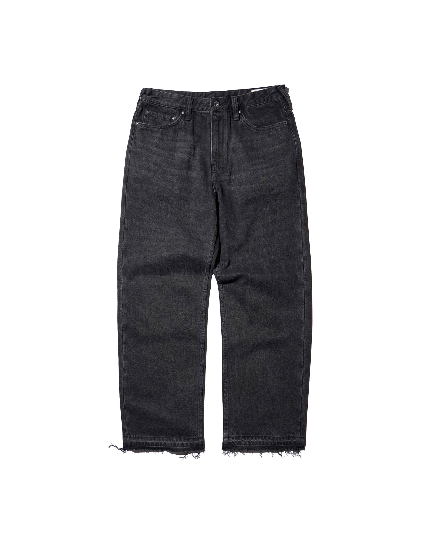 EVISU / LEATHER PATCHWORK DAICOCK DENIM JEANS - ZIP UP-LOOSE FIT MID TONE BLACK DENIM
