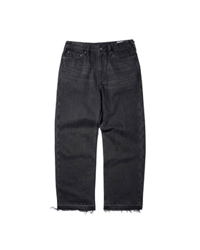 EVISU / LEATHER PATCHWORK DAICOCK DENIM JEANS - ZIP UP-LOOSE FIT MID TONE BLACK DENIM