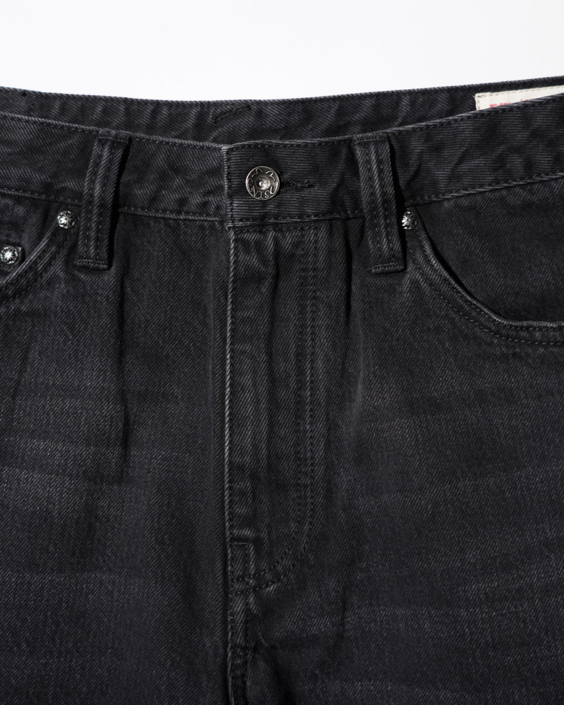 EVISU / LEATHER PATCHWORK DAICOCK DENIM JEANS - ZIP UP-LOOSE FIT MID TONE BLACK DENIM