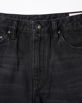 EVISU / LEATHER PATCHWORK DAICOCK DENIM JEANS - ZIP UP-LOOSE FIT MID TONE BLACK DENIM