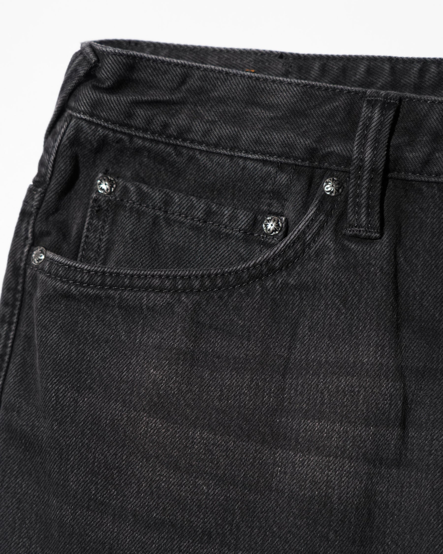EVISU / LEATHER PATCHWORK DAICOCK DENIM JEANS - ZIP UP-LOOSE FIT MID TONE BLACK DENIM