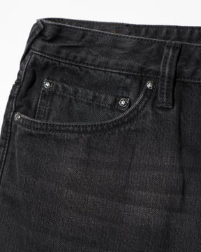 EVISU / LEATHER PATCHWORK DAICOCK DENIM JEANS - ZIP UP-LOOSE FIT MID TONE BLACK DENIM