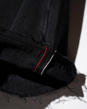 EVISU / LEATHER PATCHWORK DAICOCK DENIM JEANS - ZIP UP-LOOSE FIT MID TONE BLACK DENIM