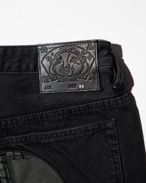 EVISU / LEATHER PATCHWORK DAICOCK DENIM JEANS - ZIP UP-LOOSE FIT MID TONE BLACK DENIM