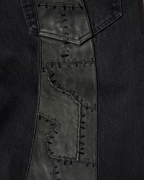 EVISU / LEATHER PATCHWORK DAICOCK DENIM JEANS - ZIP UP-LOOSE FIT MID TONE BLACK DENIM