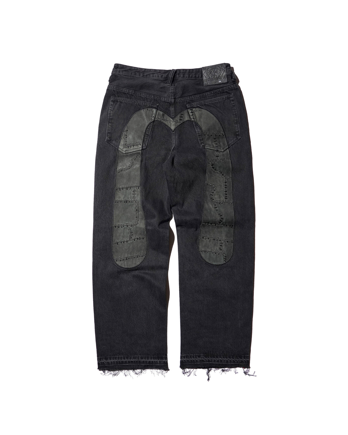 EVISU / LEATHER PATCHWORK DAICOCK DENIM JEANS - ZIP UP-LOOSE FIT MID TONE BLACK DENIM