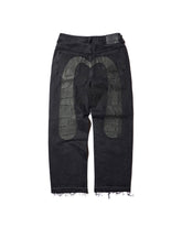 EVISU / LEATHER PATCHWORK DAICOCK DENIM JEANS - ZIP UP-LOOSE FIT MID TONE BLACK DENIM