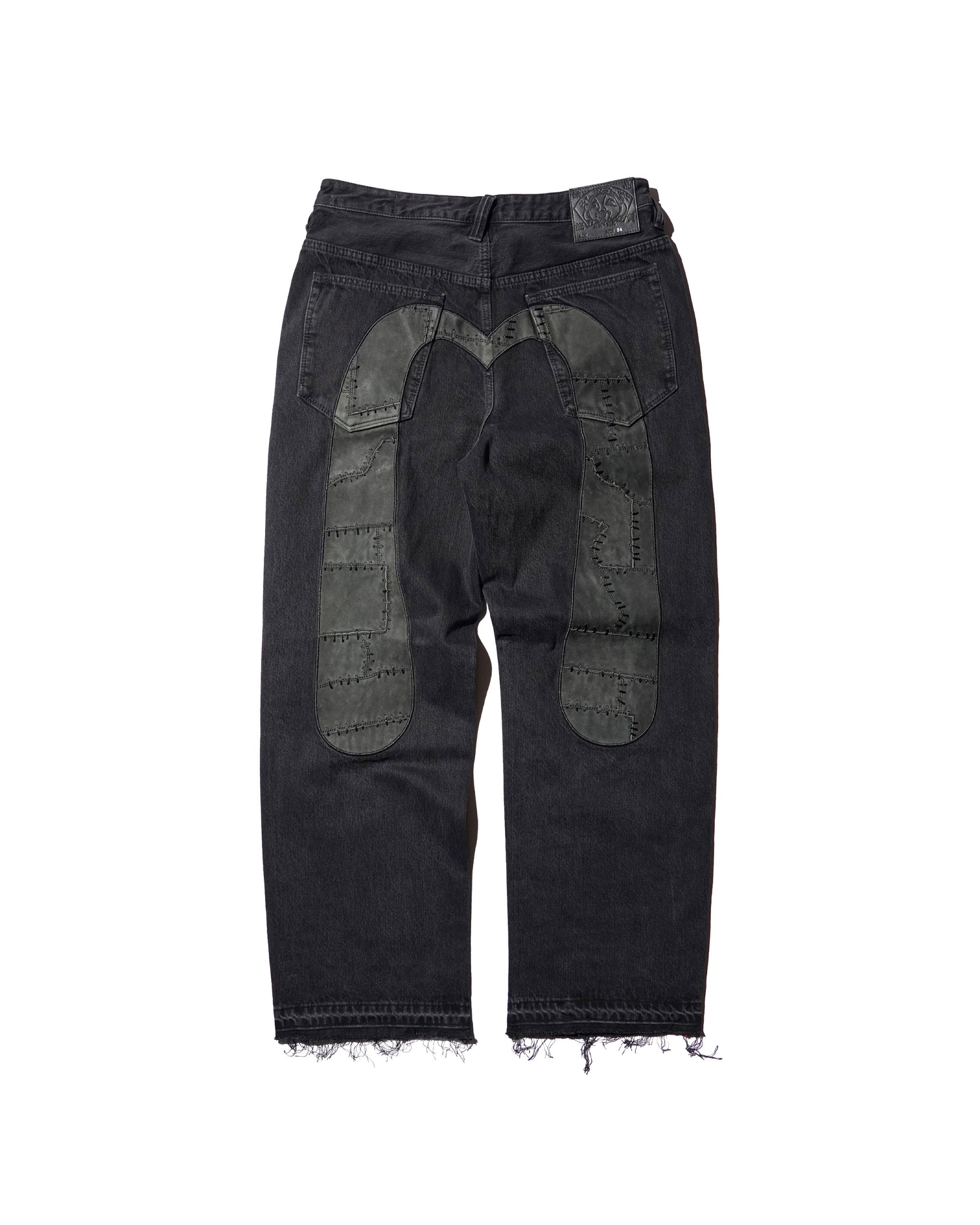 EVISU / LEATHER PATCHWORK DAICOCK DENIM JEANS - ZIP UP-LOOSE FIT MID TONE BLACK DENIM