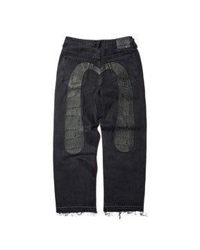 EVISU / LEATHER PATCHWORK DAICOCK DENIM JEANS - ZIP UP-LOOSE FIT MID TONE BLACK DENIM