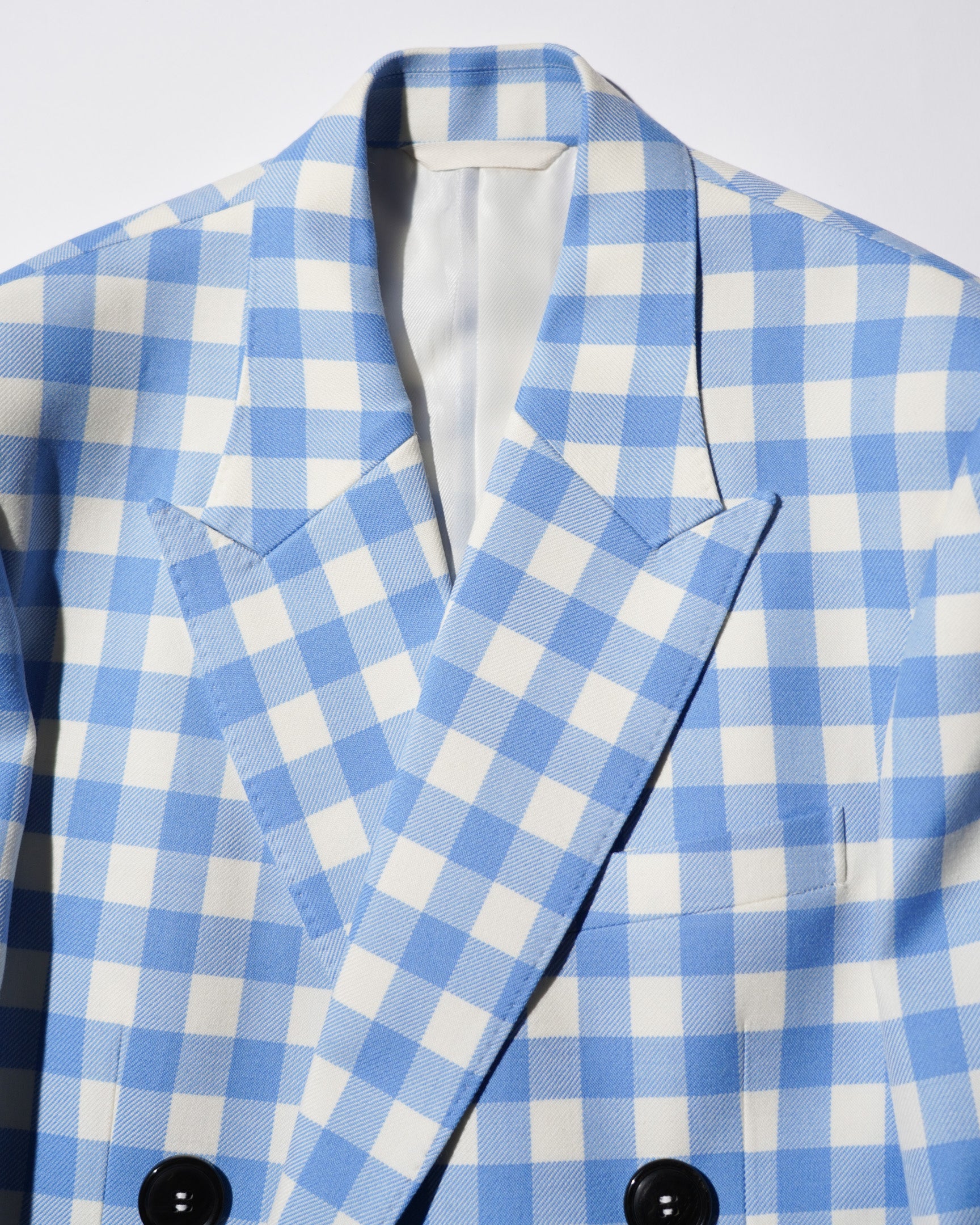 <span style="color: #f50b0b;">Last One</span> TSTS / GINGHAM WOOL DOUBLE BREASTED BLAZER SAXE BLUE GINGHAM