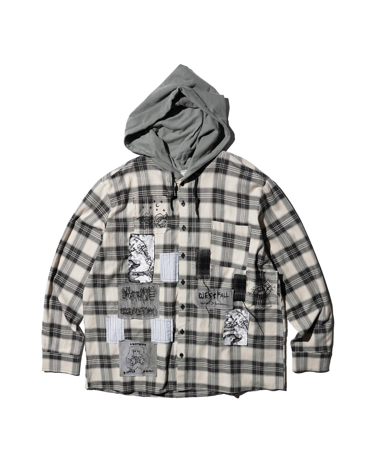 WESTFALL / PRINTED PATCH HOODED FLANNEL OVERSHIRT WHITE