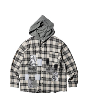 WESTFALL / PRINTED PATCH HOODED FLANNEL OVERSHIRT WHITE