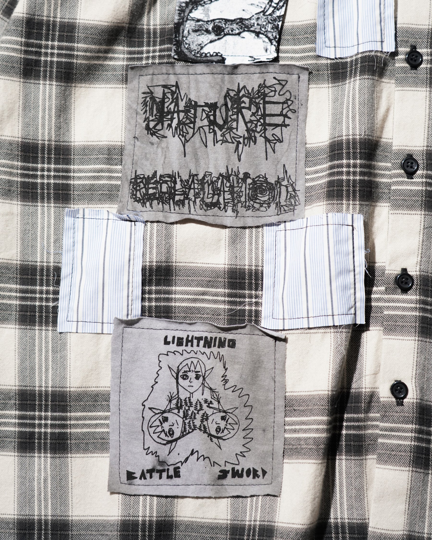 WESTFALL / PRINTED PATCH HOODED FLANNEL OVERSHIRT WHITE