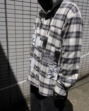 WESTFALL / PRINTED PATCH HOODED FLANNEL OVERSHIRT WHITE