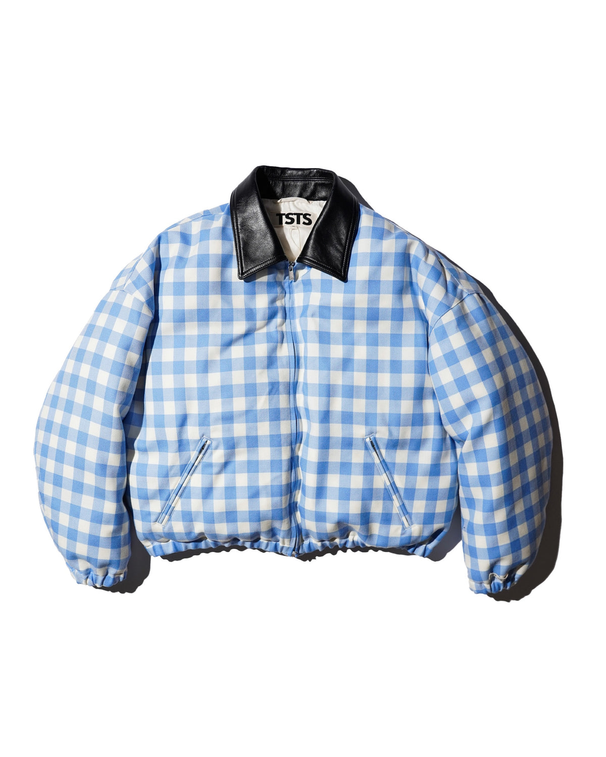 <span style="color: #f50b0b;">Last One</span> TSTS / GINGHAM WOOL LEATHER COLLAR DOWN JACKET SAXE BLUE GINGHAM