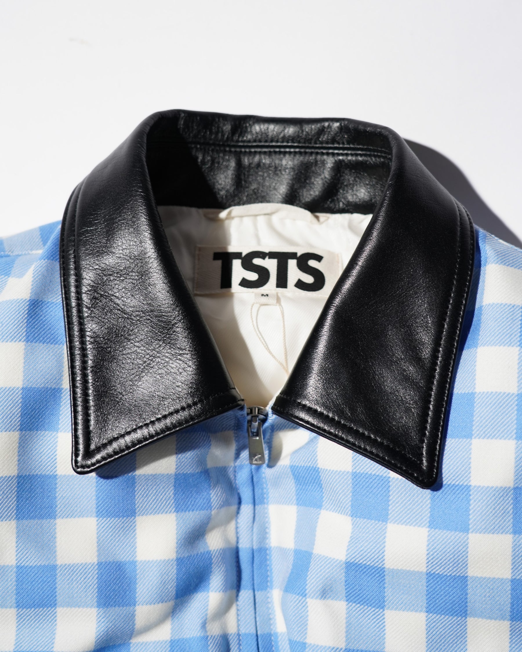<span style="color: #f50b0b;">Last One</span> TSTS / GINGHAM WOOL LEATHER COLLAR DOWN JACKET SAXE BLUE GINGHAM
