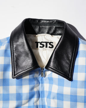 <span style="color: #f50b0b;">Last One</span> TSTS / GINGHAM WOOL LEATHER COLLAR DOWN JACKET SAXE BLUE GINGHAM