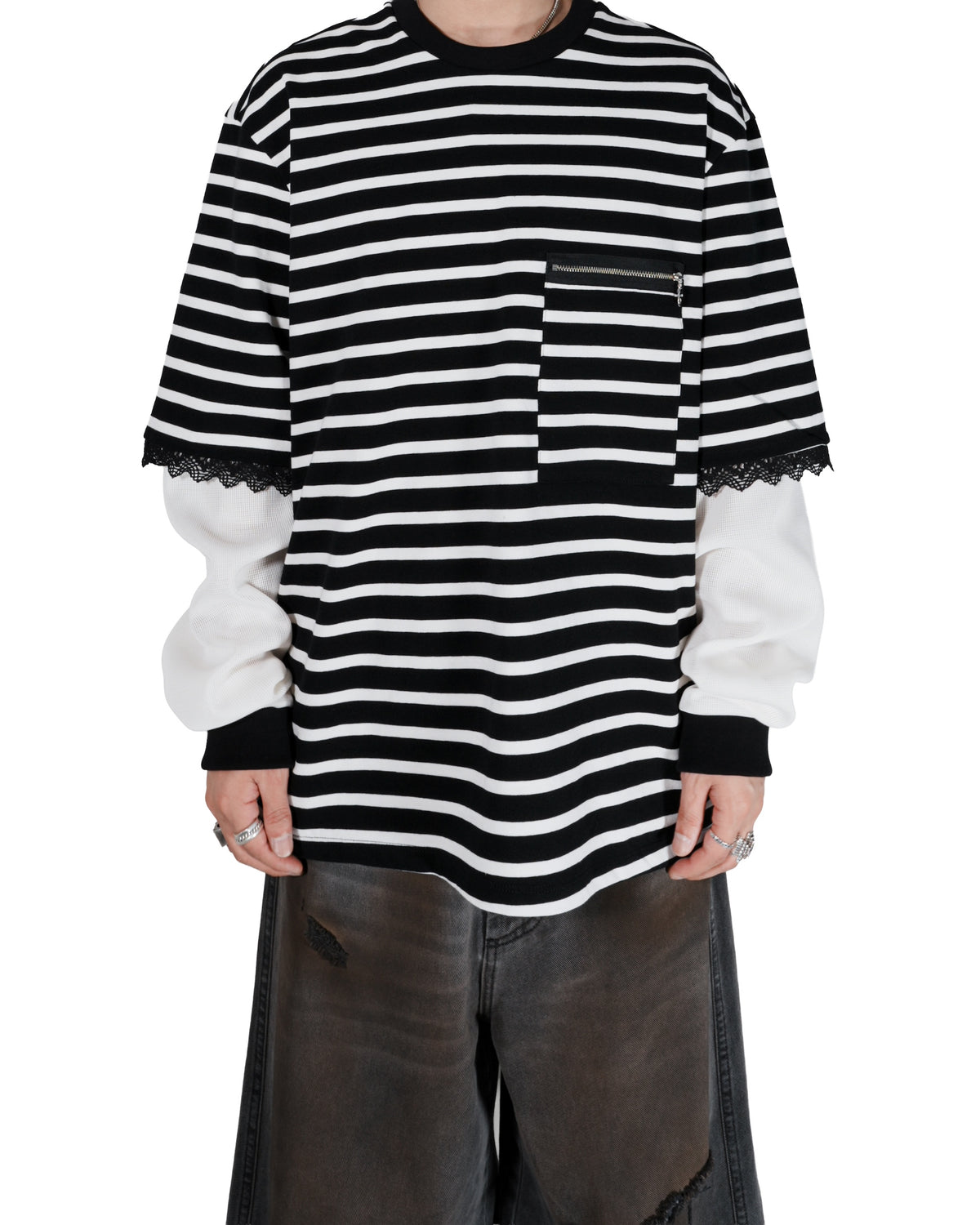 WESTFALL / STRIPED LACE DOUBLE SHIRT BLACK