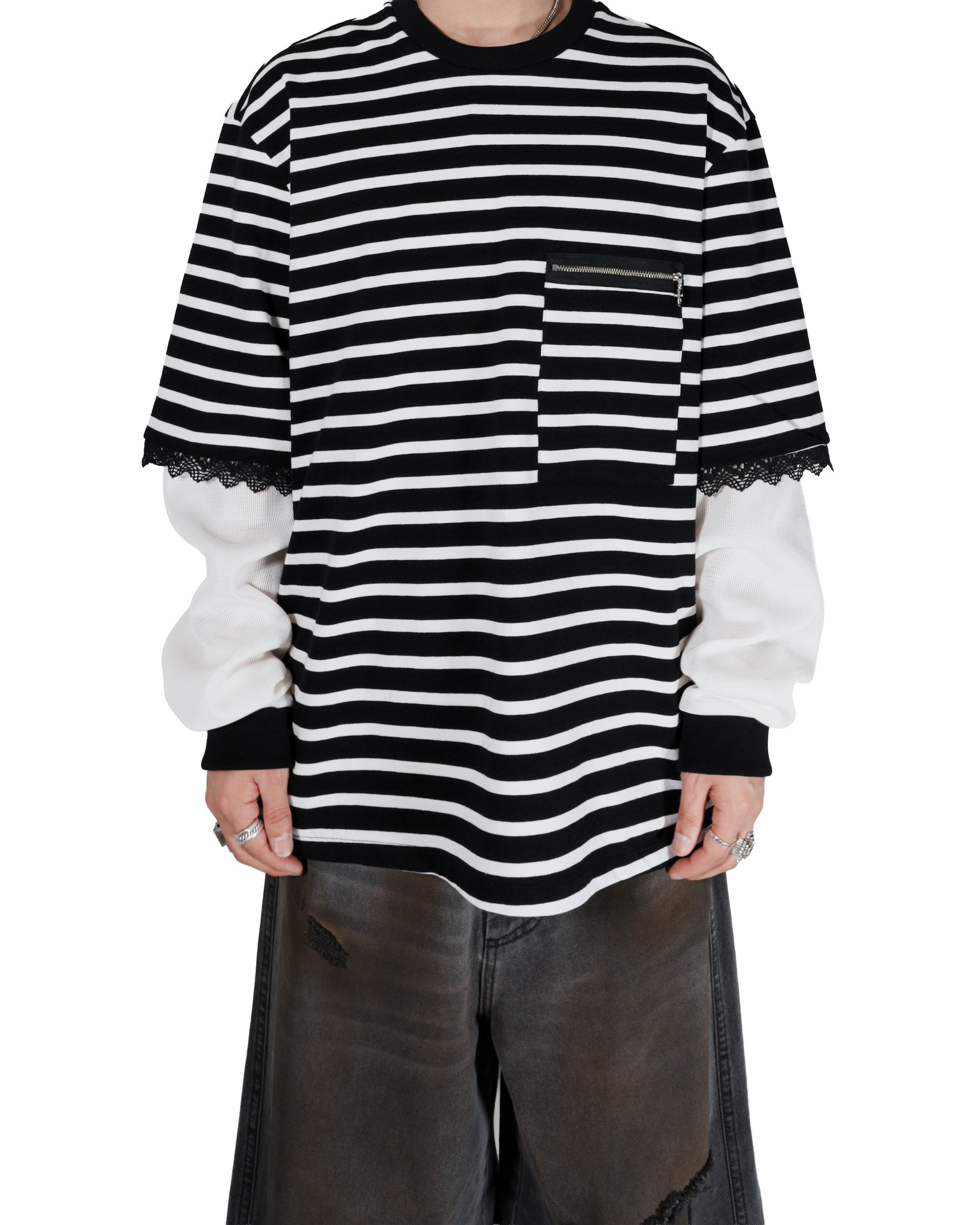 WESTFALL / STRIPED LACE DOUBLE SHIRT BLACK