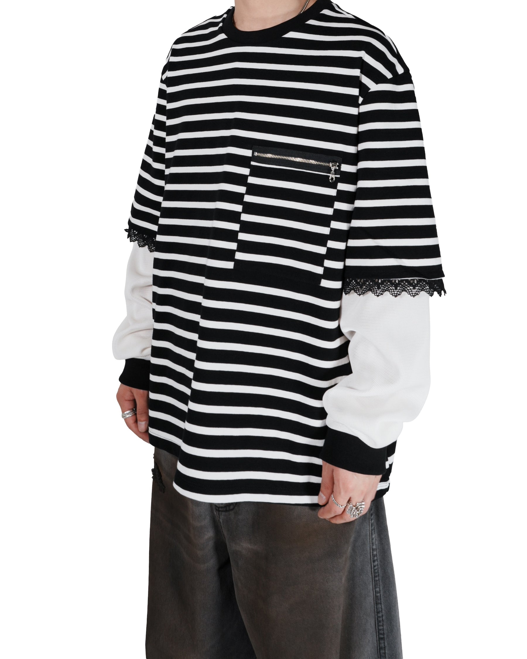 WESTFALL / STRIPED LACE DOUBLE SHIRT BLACK