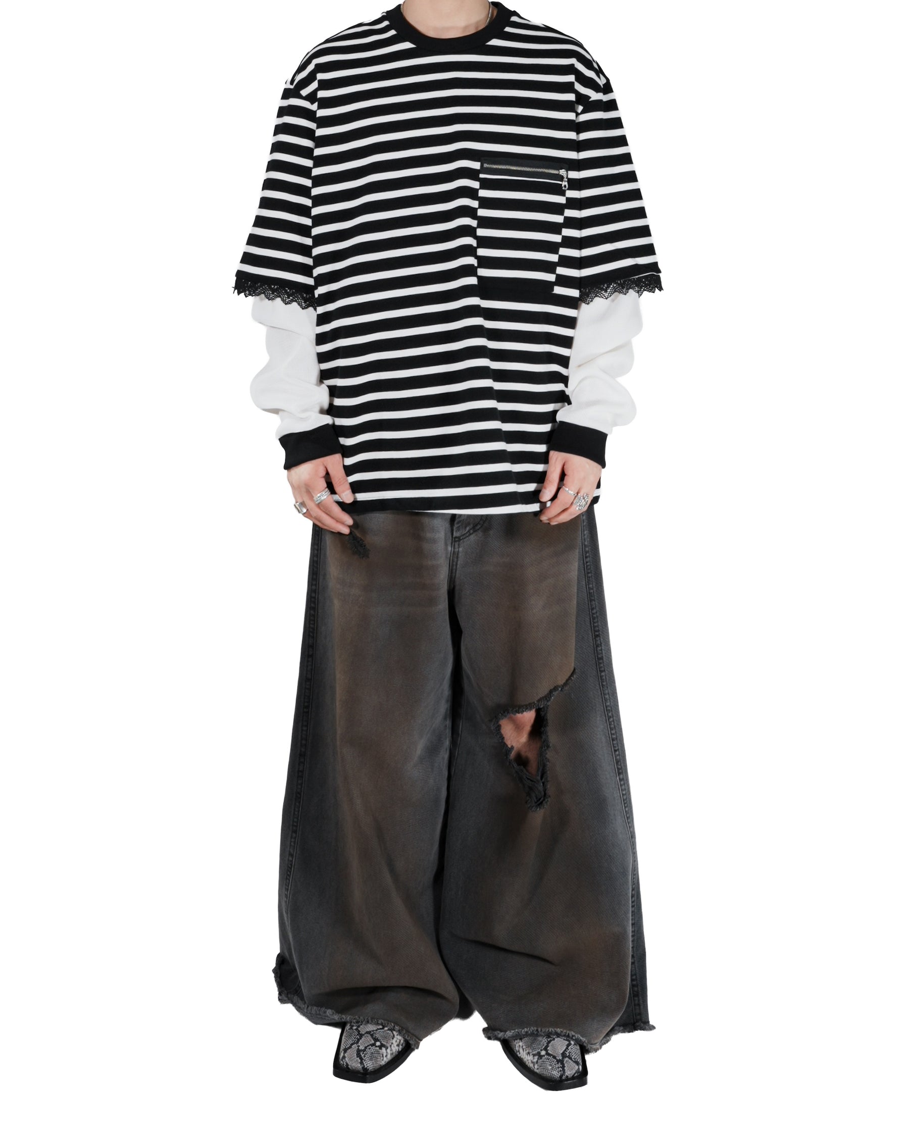 WESTFALL / STRIPED LACE DOUBLE SHIRT BLACK