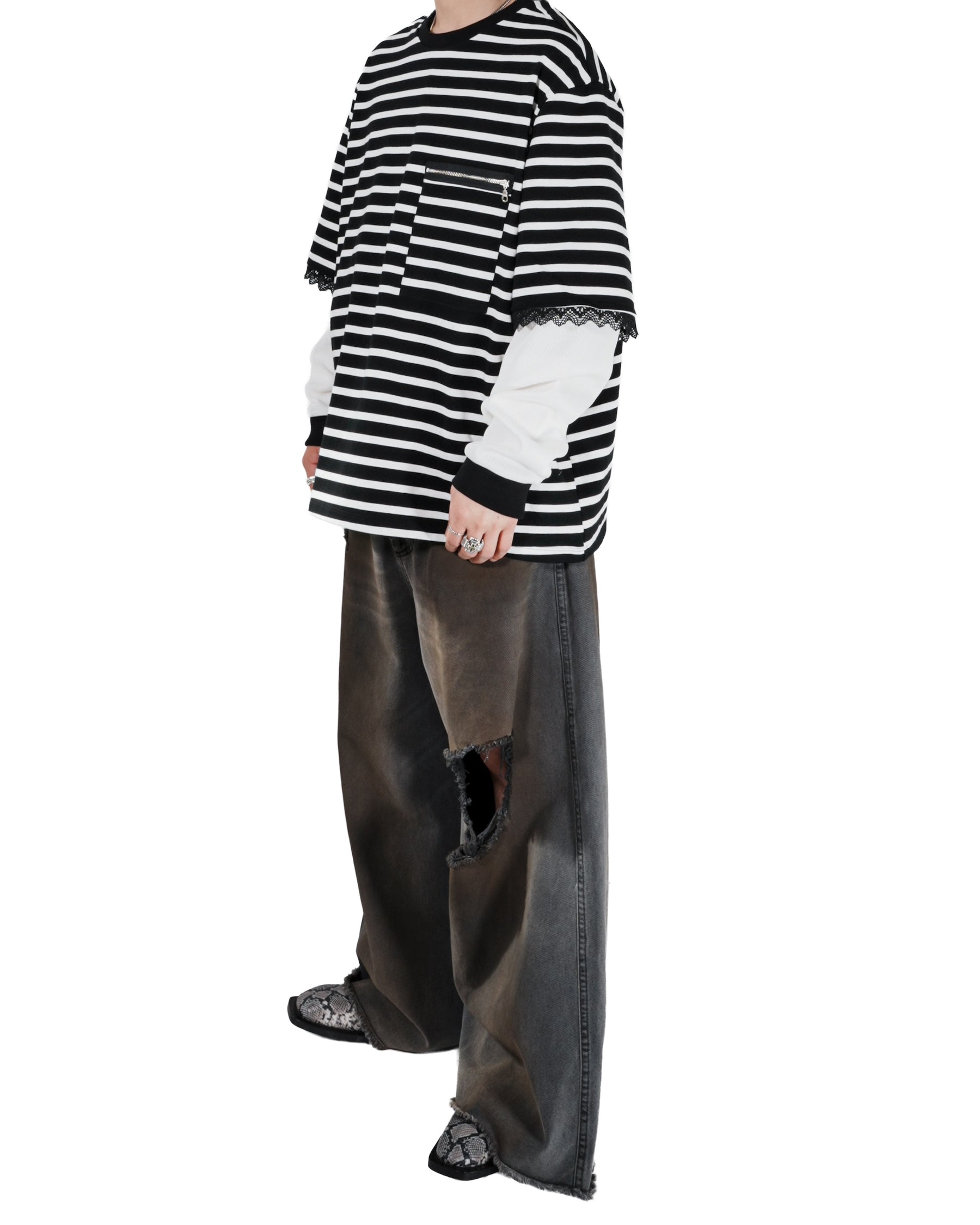 WESTFALL / STRIPED LACE DOUBLE SHIRT BLACK