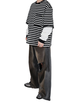 WESTFALL / STRIPED LACE DOUBLE SHIRT BLACK